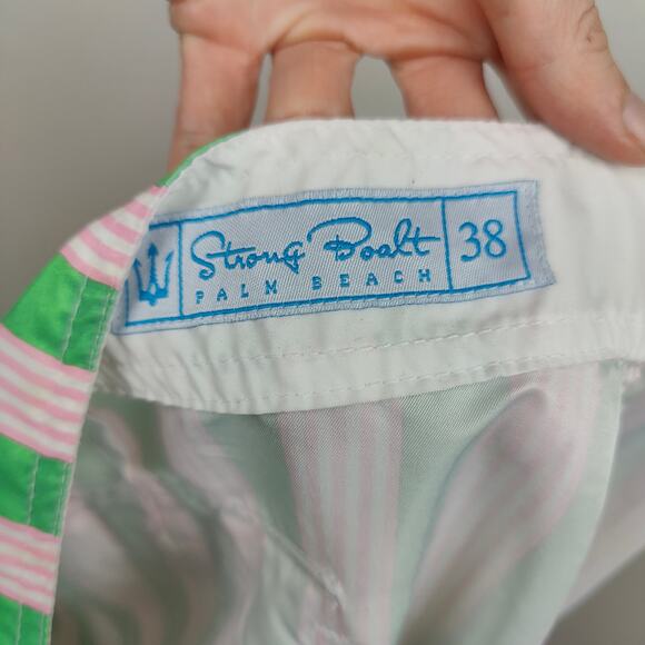 Strong Boalt Swim Shorts Mens 38 Green Pink Stripe Trunks Palm Beach FL - Picture 6 of 8